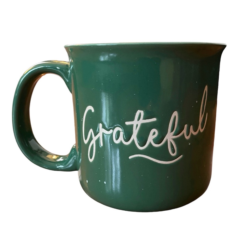 Eccolo Ceramic Green & White Speckled Coffee Mug Grateful Script Thanksgiving